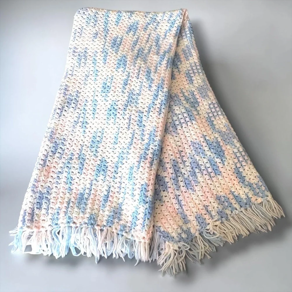 Handmade Crochet Baby Blanket Pastel Blue Pink White Variegated Fringed Afghan